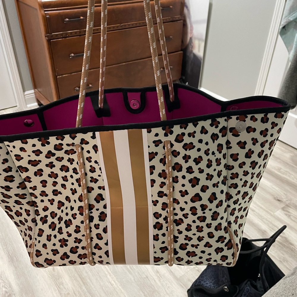 Neoprene Leopard  Tote Bag with Gold Accents and wristlet